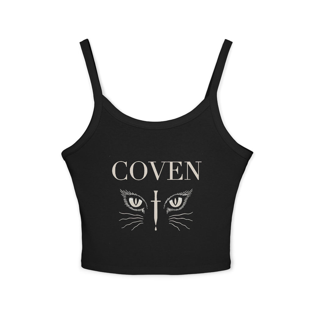 Coven Cat Eyes spaghetti strap tank top – black crop top featuring cat eyes graphic and 'Coven' text, gothic alt fashion