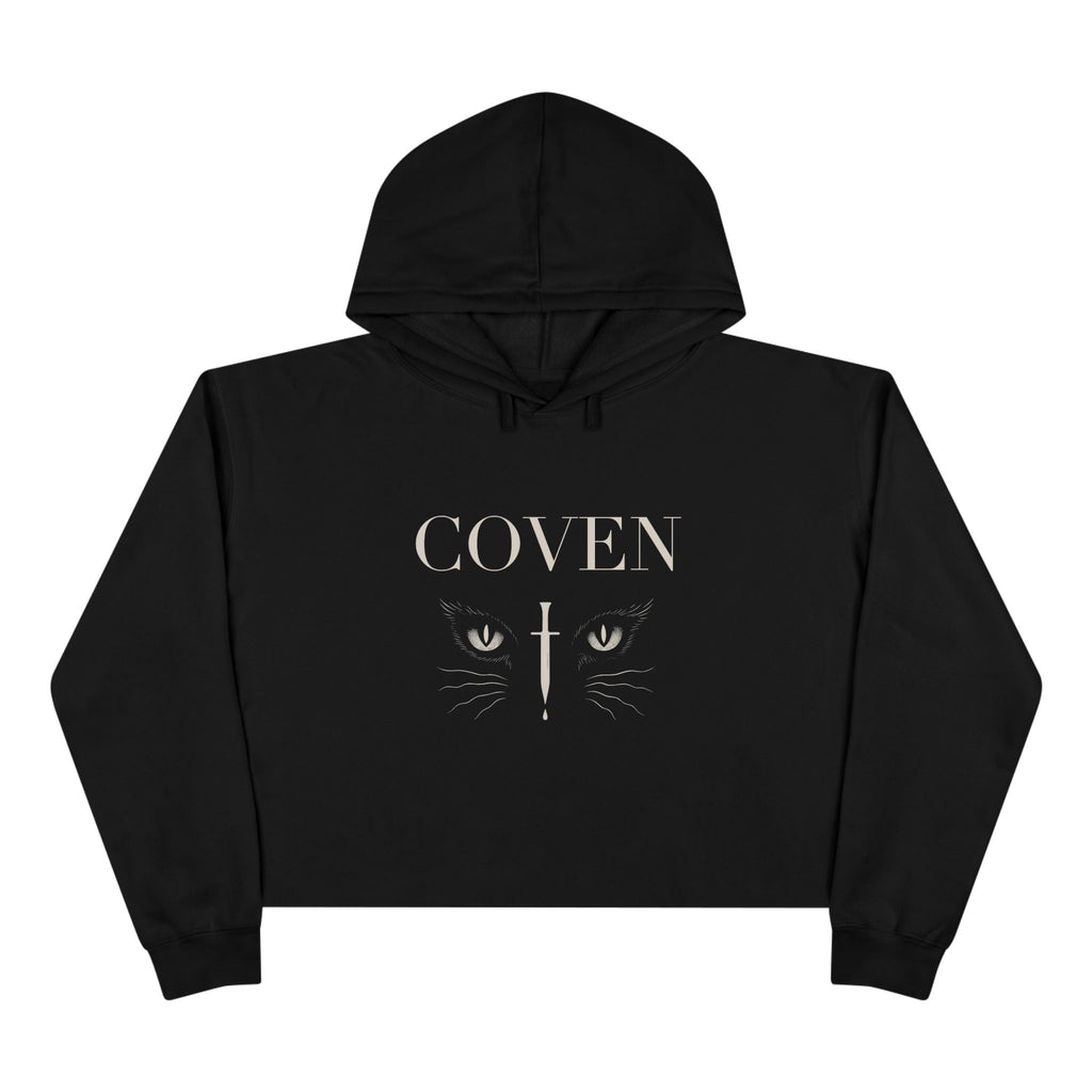 Coven Cat Eyes cropped hoodie – black cropped hoodie with 'COVEN' lettering, cat eyes and dagger graphic on chest, gothic streetwear style
