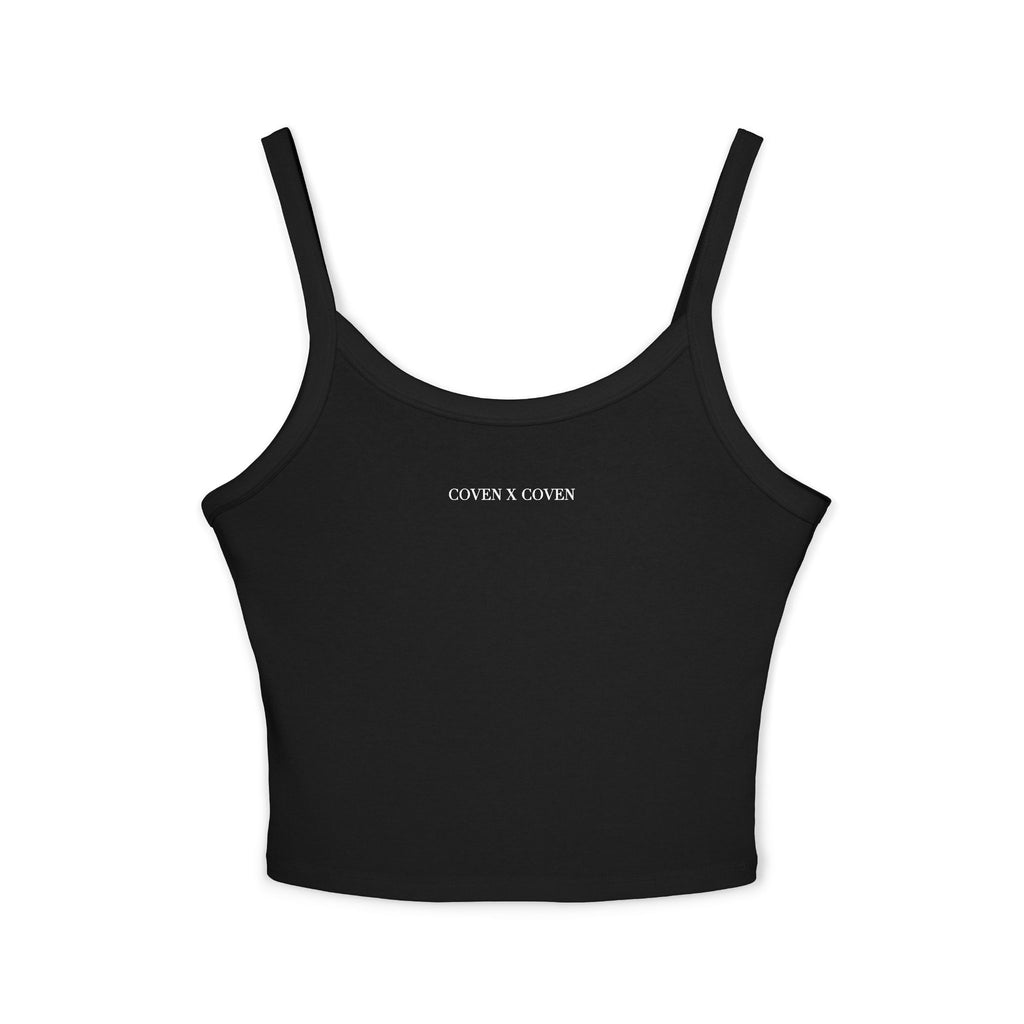 Coven x Coven spaghetti strap tank top – black crop top with minimal 'Coven x Coven' logo and gothic streetwear style