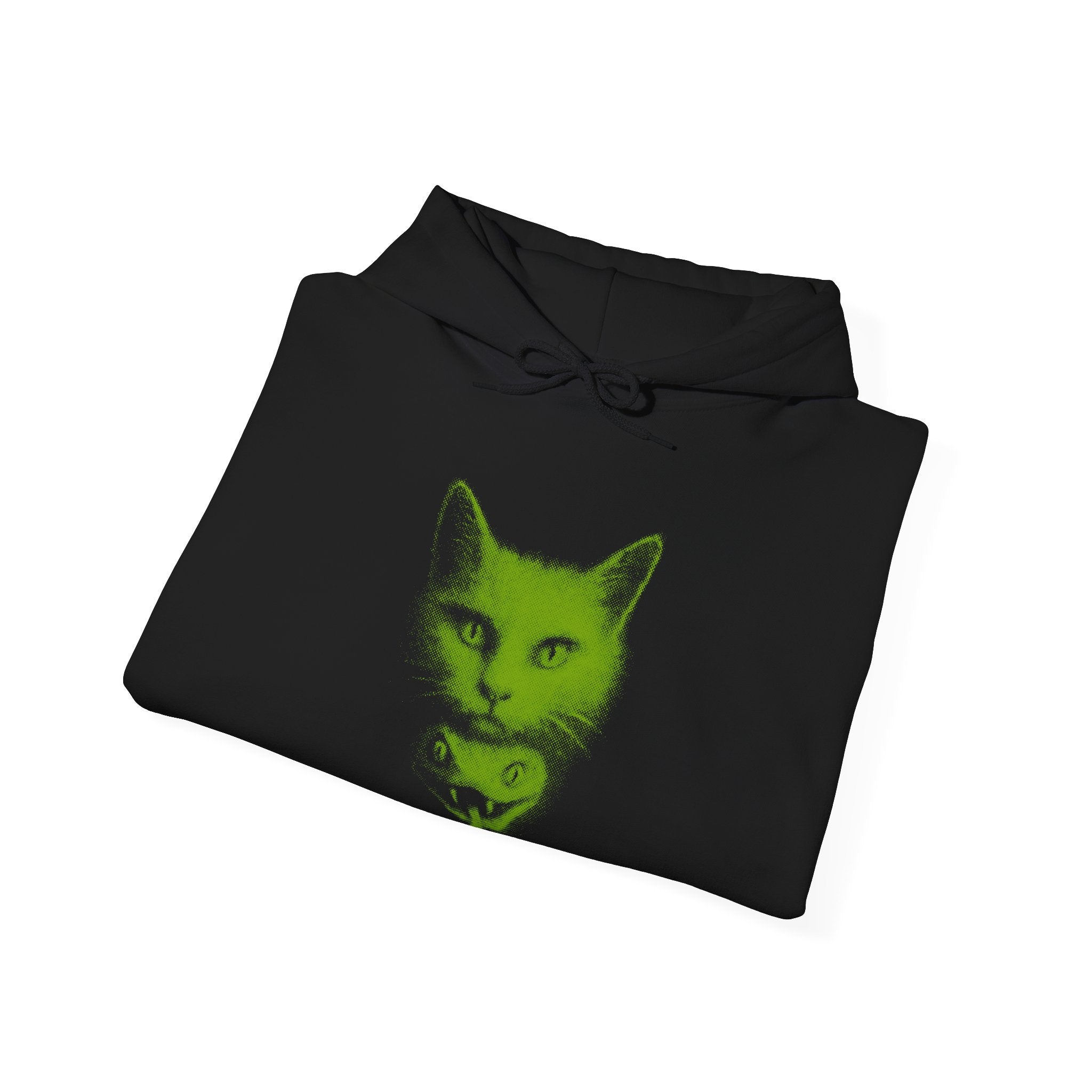 Folded Cat Venom hoodie – black hoodie neatly folded showing neon green cat head and snake graphic on front, gothic streetwear style