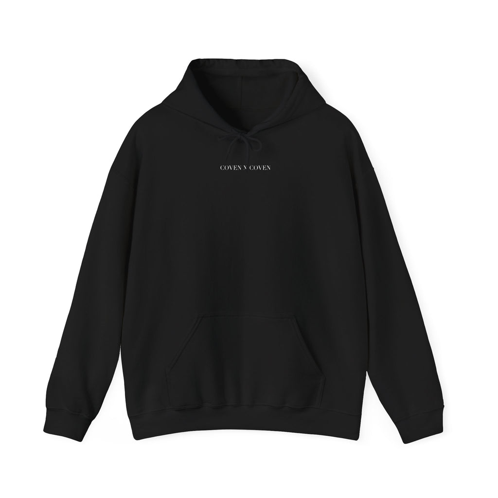 Coven x Coven hoodie – black unisex hoodie with subtle 'Coven x Coven' logo on chest, gothic streetwear style