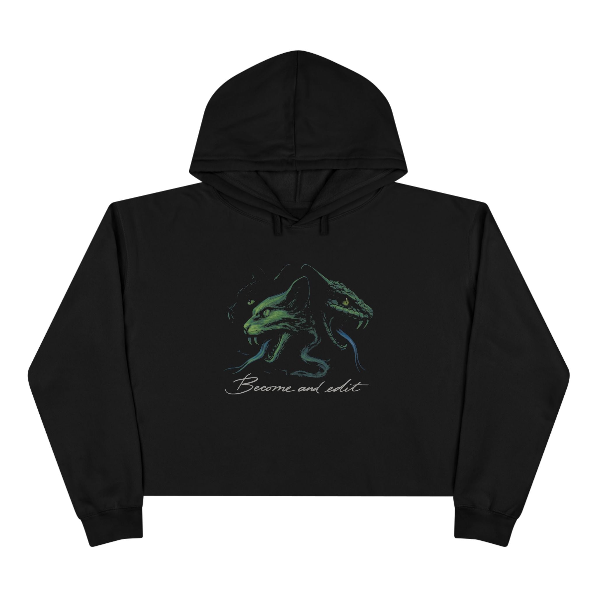 Become & Edit cropped hoodie – black cropped hoodie featuring dual-headed dragon graphic and 'Become and edit' text, alternative gothic streetwear style
