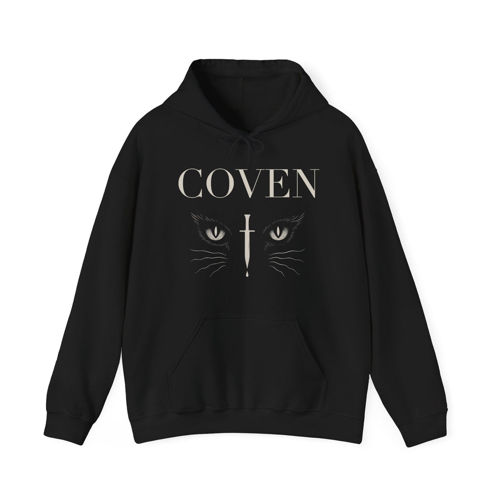 Coven Cat Eye hoodie – black unisex hoodie featuring 'COVEN' lettering with cat eyes and dagger graphic on chest, gothic streetwear style