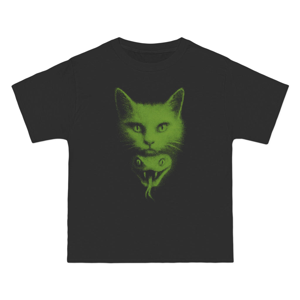 Cat Venom box tee – black t-shirt featuring neon green cat head and snake graphic, alternative gothic streetwear style