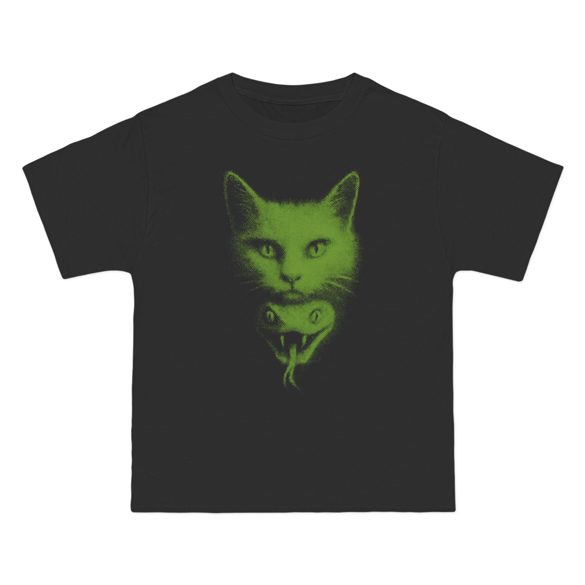 Cat Venom box tee – black t-shirt featuring neon green cat head and snake graphic, alternative gothic streetwear style