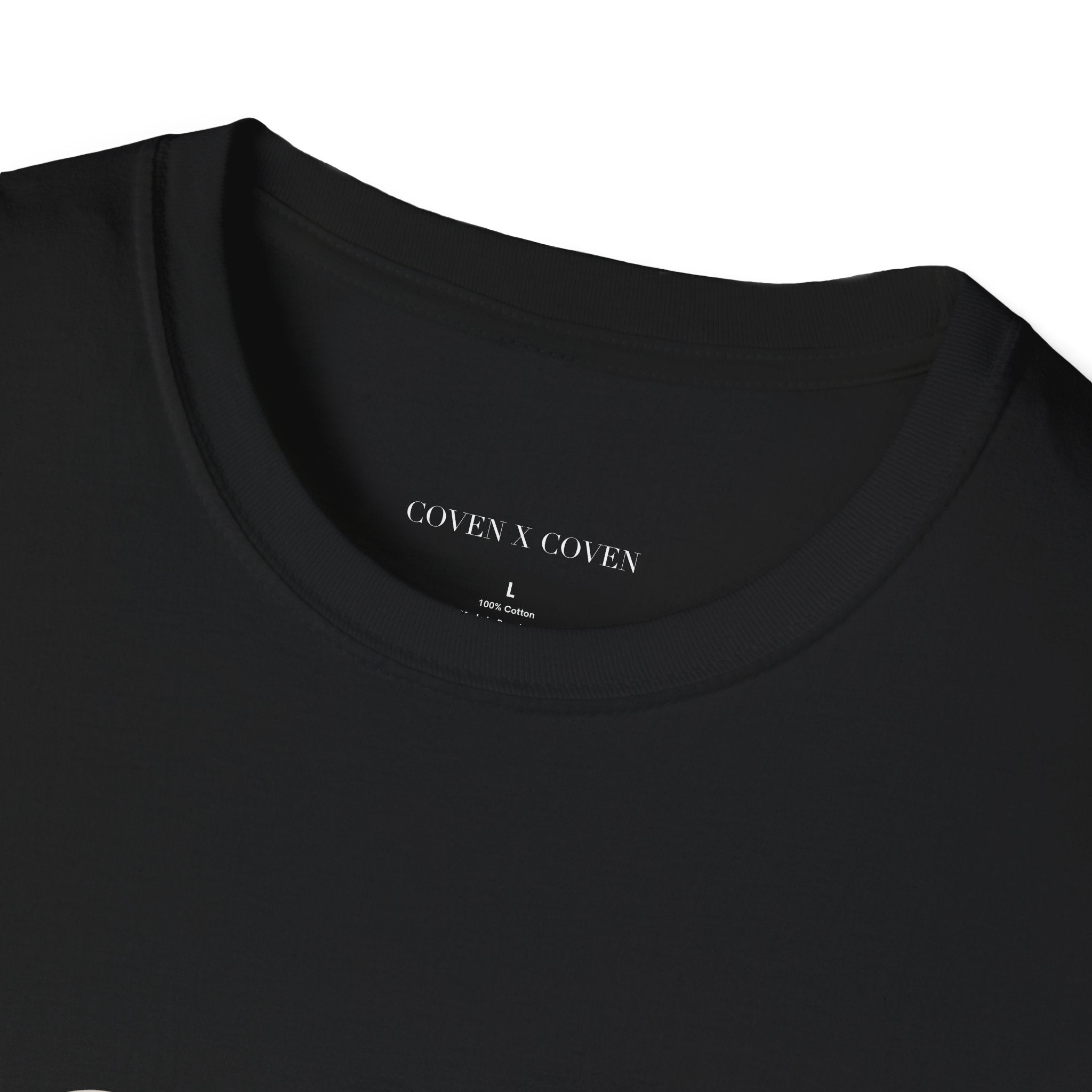 Close-up of Coven Cat Eye T-shirt collar – black unisex T-shirt showing 'COVEN X COVEN' label and collar detail, gothic streetwear style