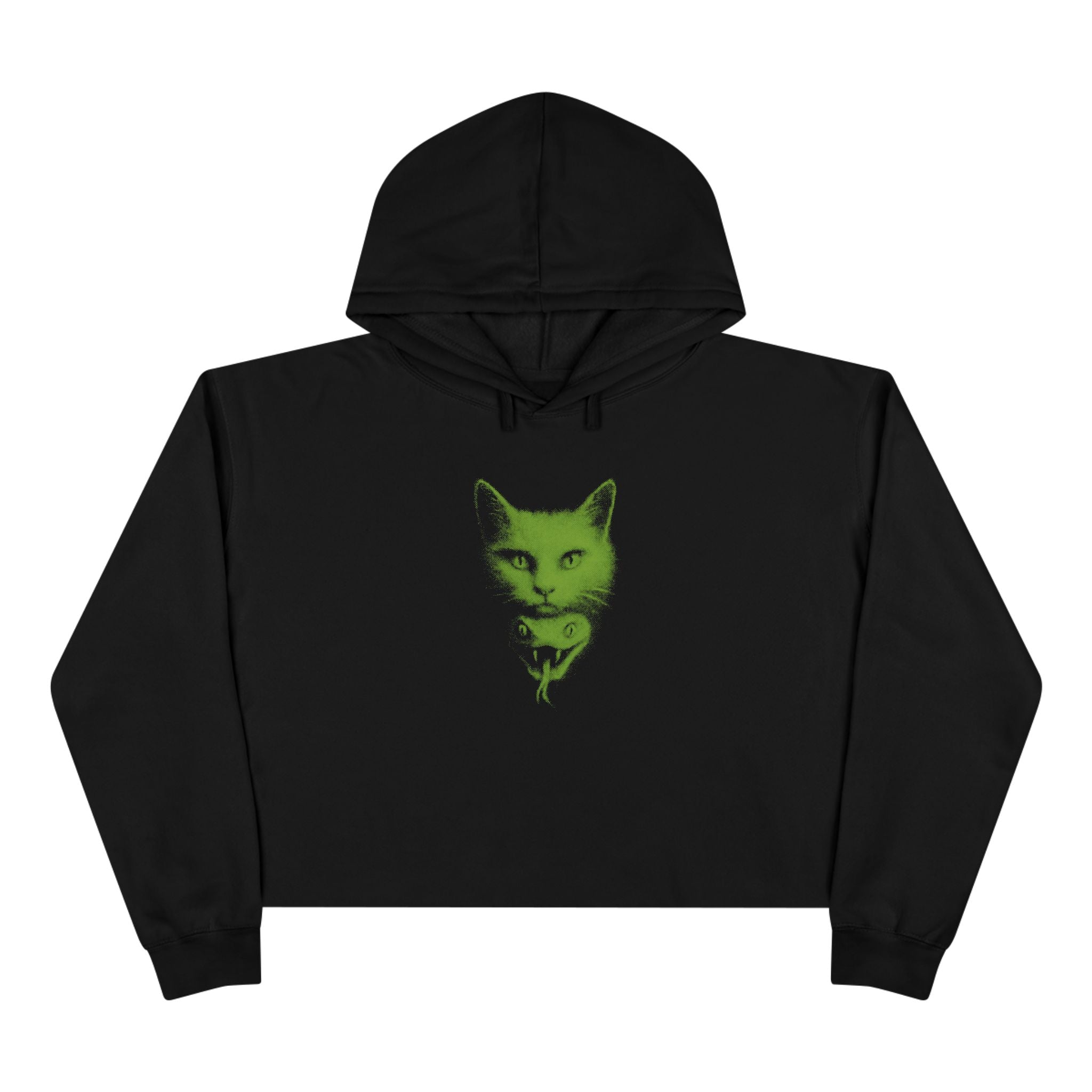 Women's Cat Venom cropped hoodie – black cropped hoodie featuring neon green cat head graphic on chest, gothic streetwear style