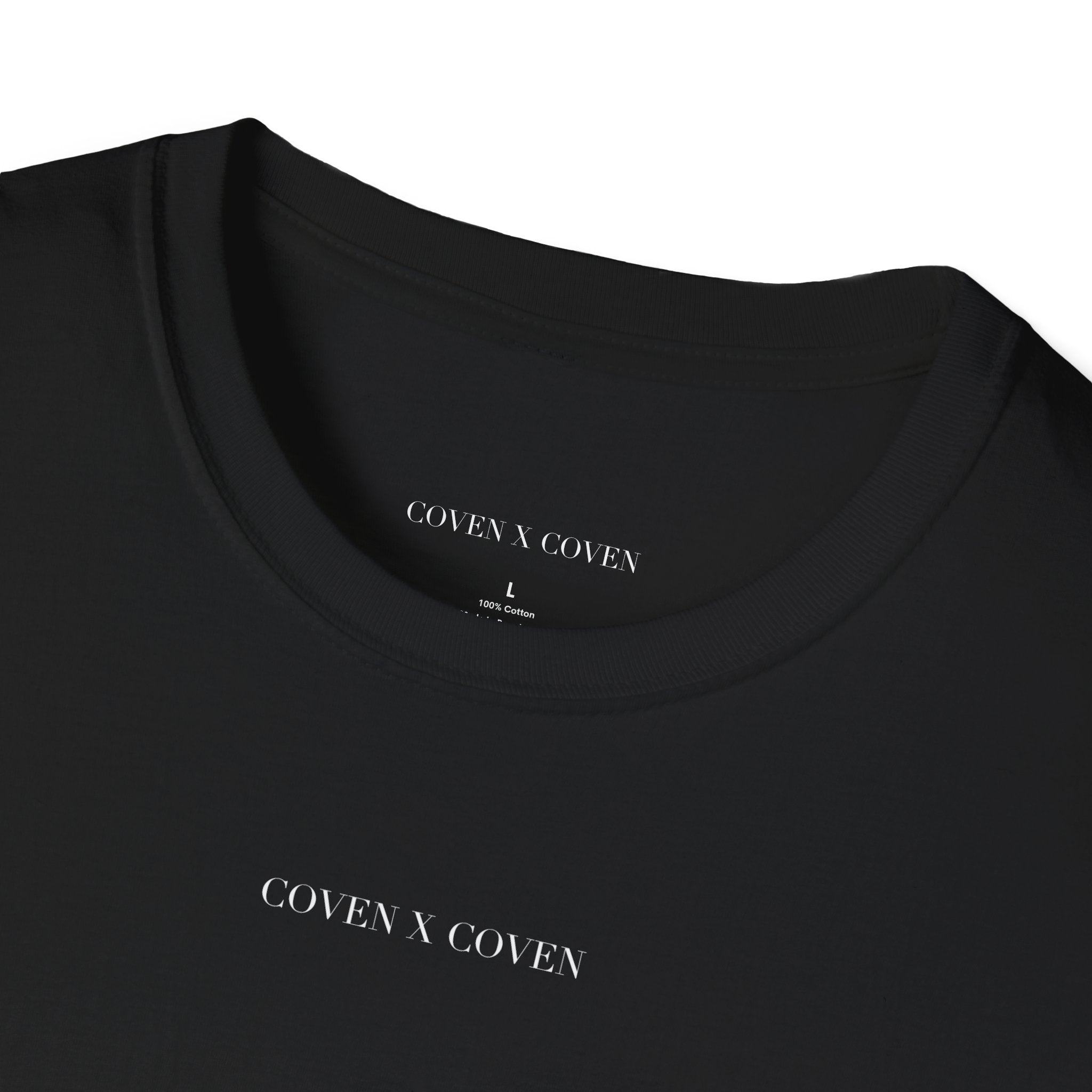 Close-up of Coven x Coven T-shirt – black unisex T-shirt with printed label inside collar and subtle brand logo on chest, gothic streetwear style
