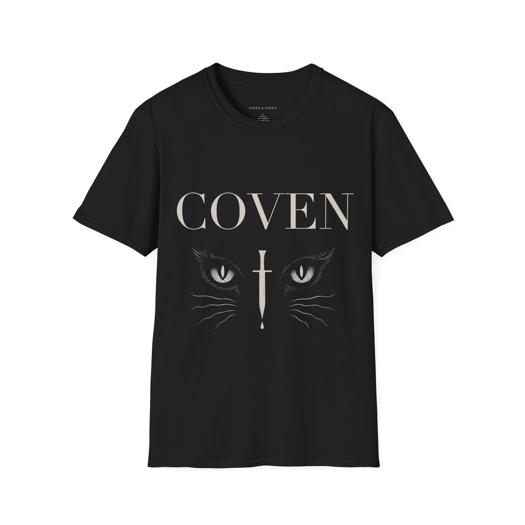 Coven Cat Eye T-shirt – black unisex T-shirt featuring cat eyes graphic and 'COVEN' lettering, gothic streetwear style