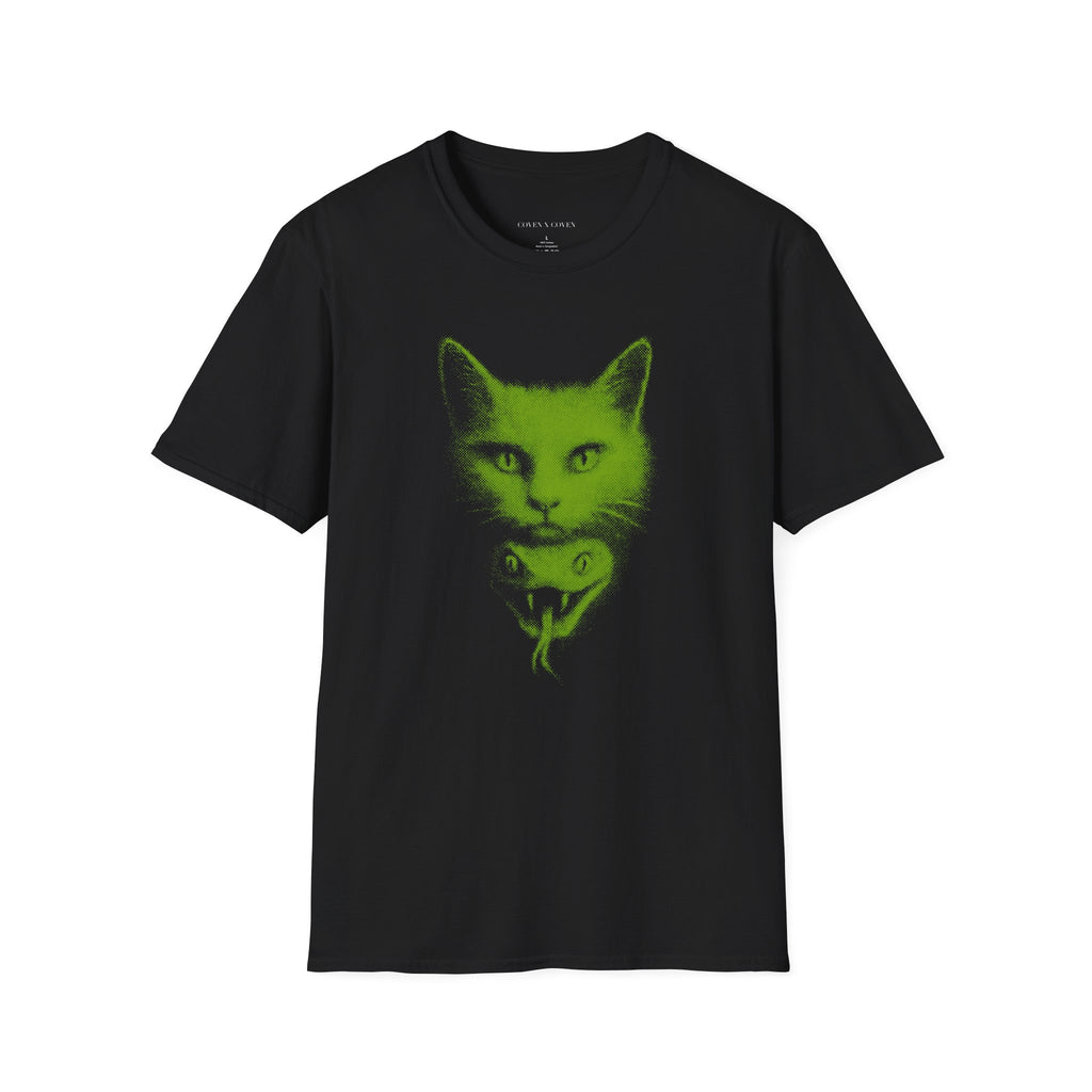 Cat Venom T-shirt – black unisex T-shirt featuring neon green cat head and snake graphic on chest, gothic streetwear style