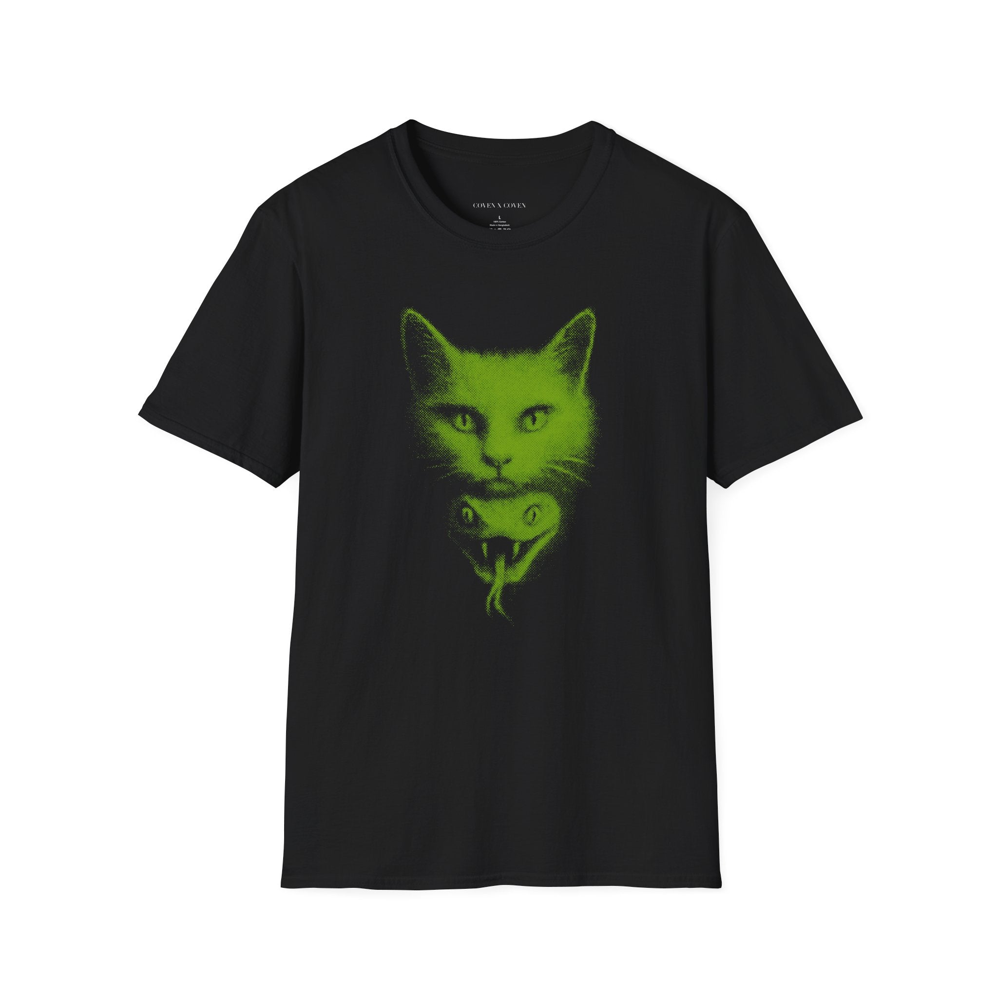 Cat Venom T-shirt – black unisex T-shirt featuring neon green cat head and snake graphic on chest, gothic streetwear style