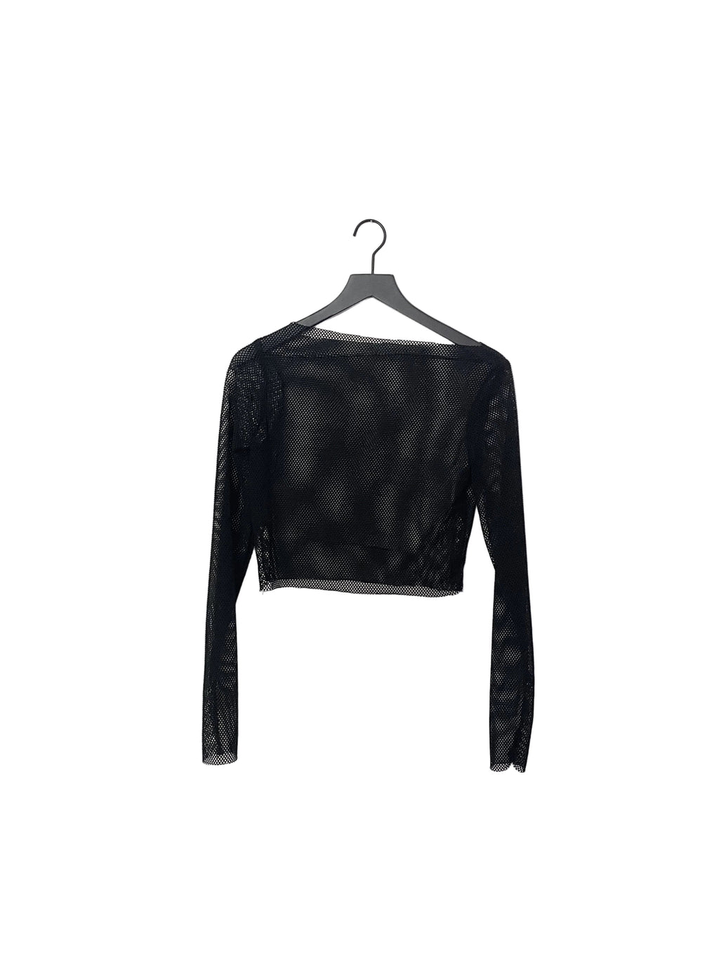 Black long sleeve mesh top on a hanger against a white background