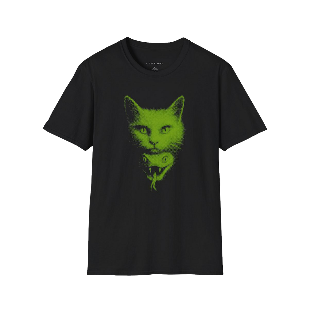 A black short-sleeve crewneck t-shirt featuring a green graphic print of a cat's face layered over a snake's head on the front, displayed against a solid black background.