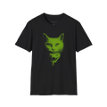 A black short-sleeve crewneck t-shirt featuring a green graphic print of a cat's face layered over a snake's head on the front, displayed against a solid black background.