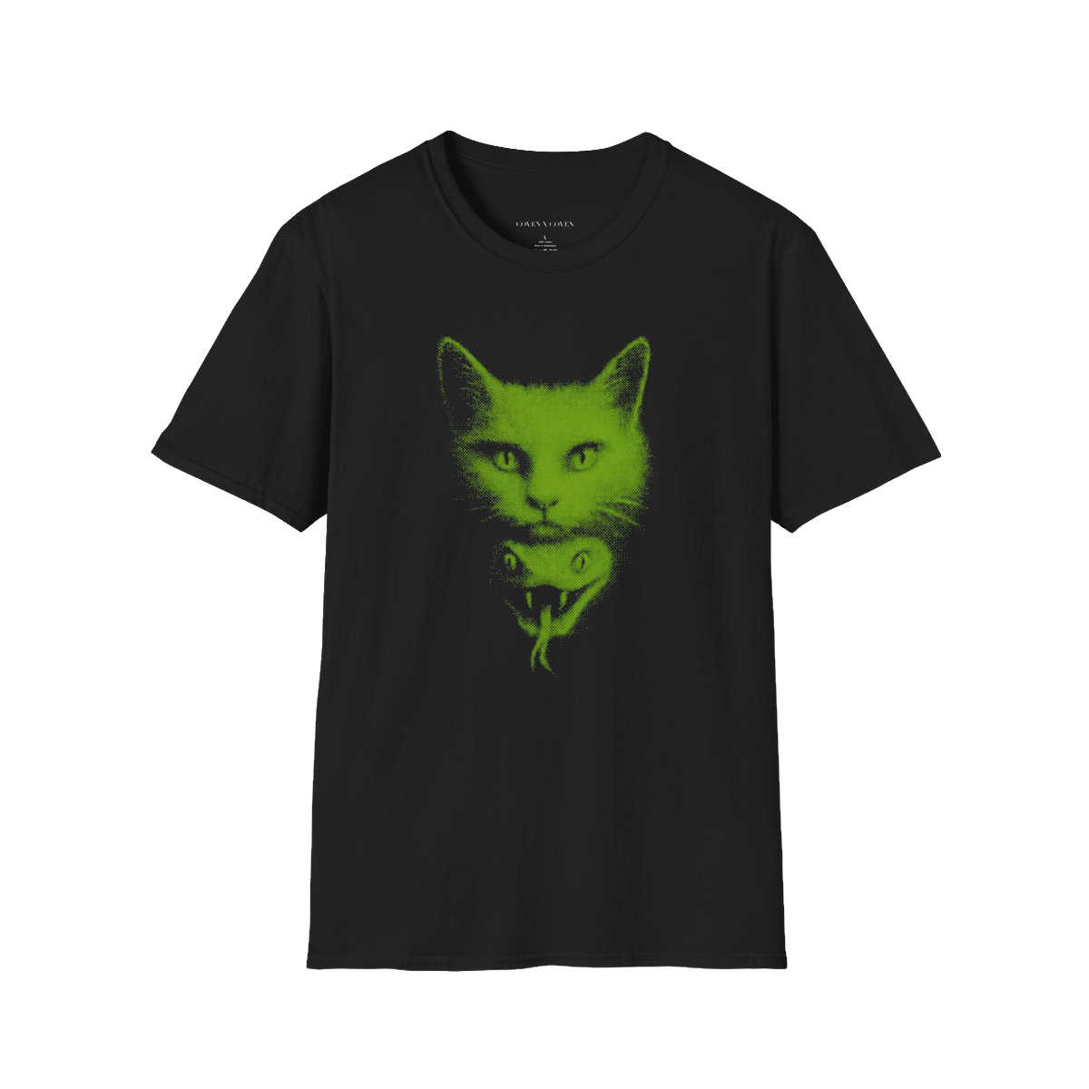 A black short-sleeve crewneck t-shirt featuring a green graphic print of a cat's face layered over a snake's head on the front, displayed against a solid black background.