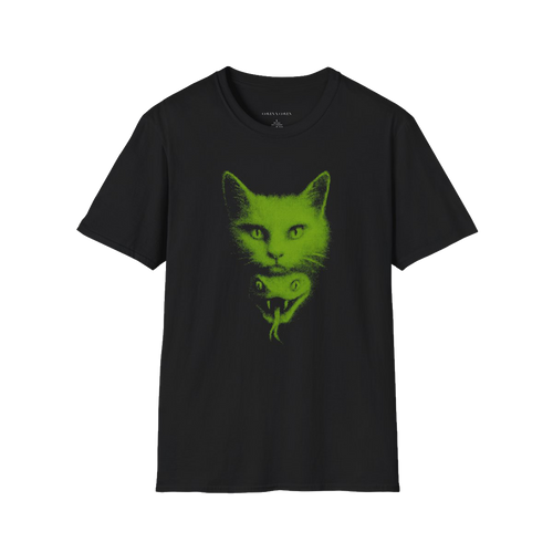 A black short-sleeve crewneck t-shirt featuring a green graphic print of a cat's face layered over a snake's head on the front, displayed against a solid black background.