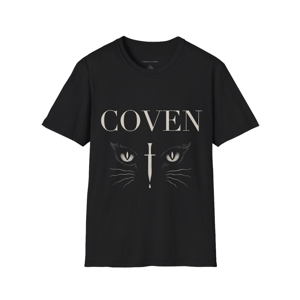 Black t-shirt with 'COVEN' and cat graphic on a white background