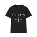 Black t-shirt with 'COVEN' and cat graphic on a white background