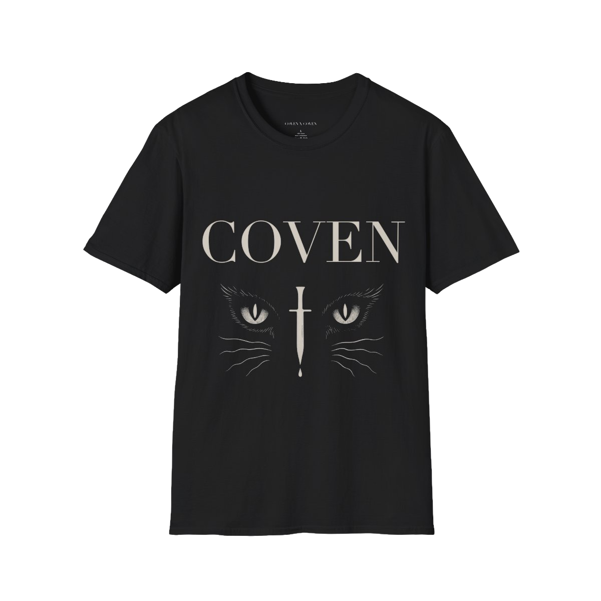 Black t-shirt with 'COVEN' and cat graphic on a white background