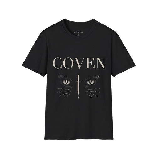 Black t-shirt with 'COVEN' and cat graphic on a white background