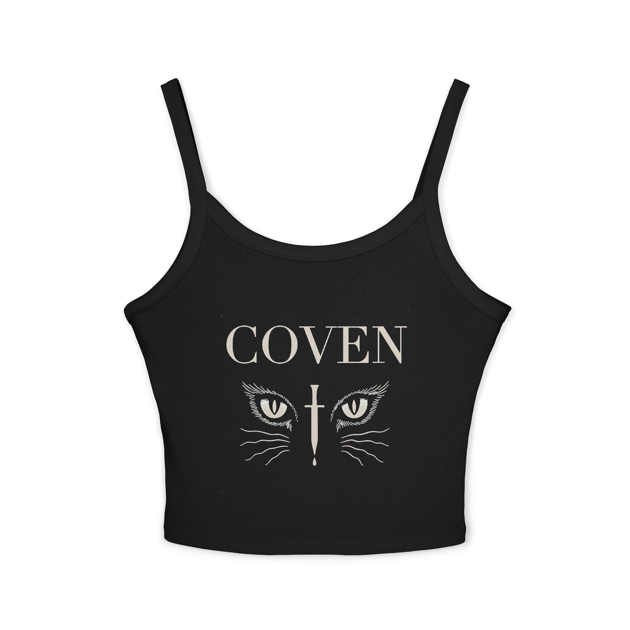 Coven Cat Eyes spaghetti strap tank top – black crop top featuring cat eyes graphic and 'Coven' text, gothic alt fashion