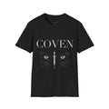 Black t-shirt with 'COVEN' and cat graphic on a white background