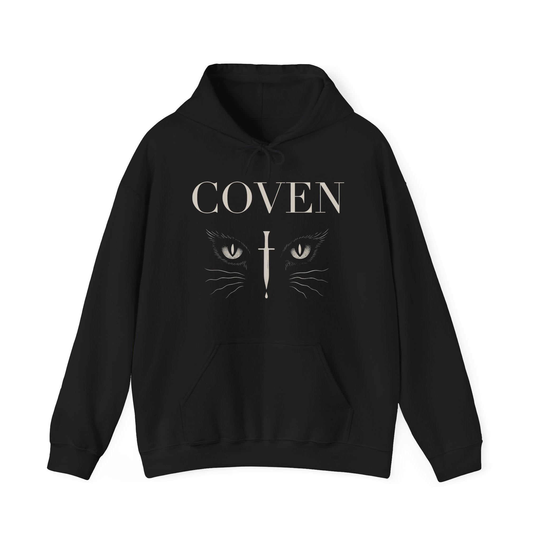 Coven Cat Eye hoodie – black unisex hoodie featuring 'COVEN' lettering with cat eyes and dagger graphic on chest, gothic streetwear style