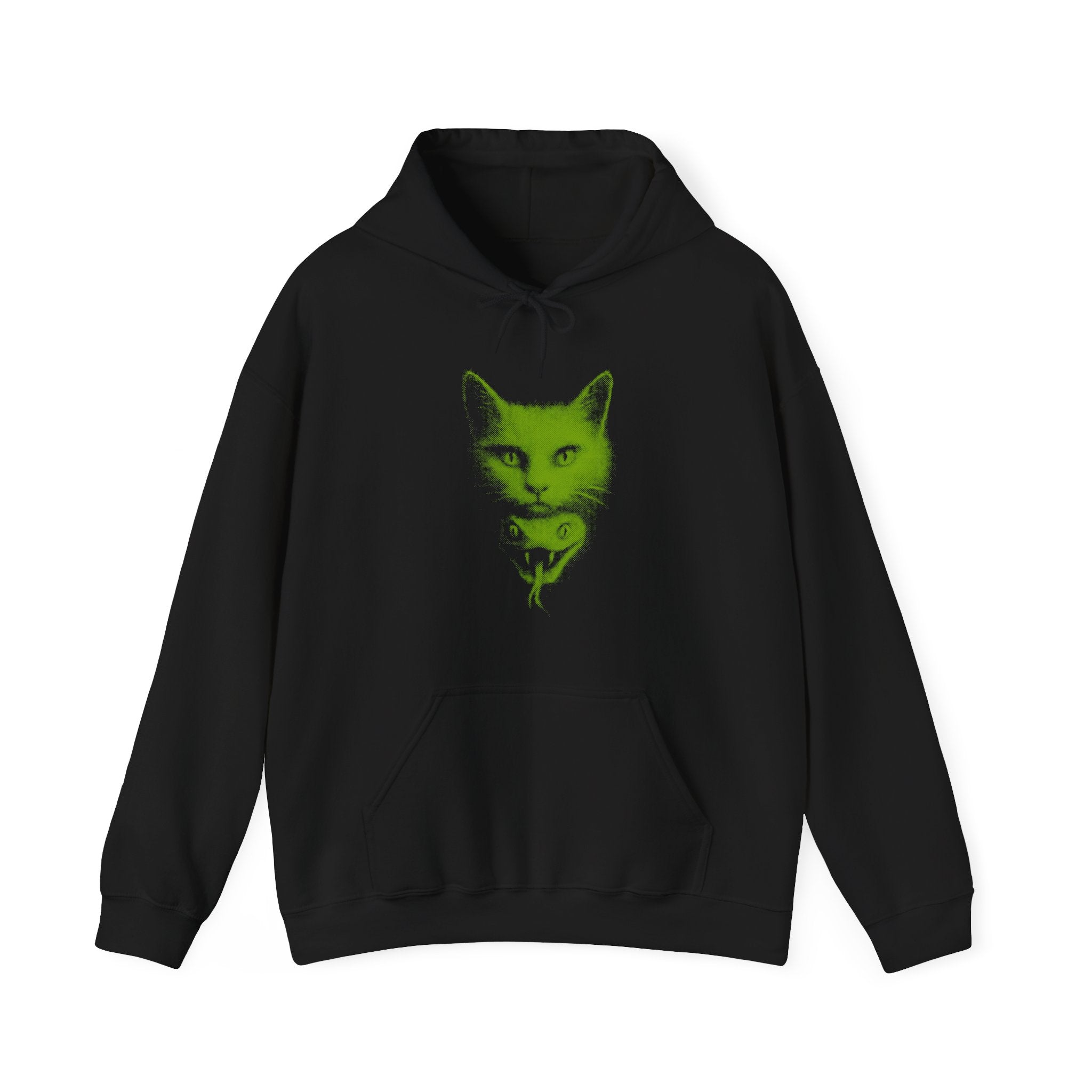 Cat Venom hoodie – black unisex hoodie featuring neon green cat head and snake graphic on front, gothic streetwear style