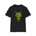 Black t-shirt with a green graphic of a cat and snake on a white background