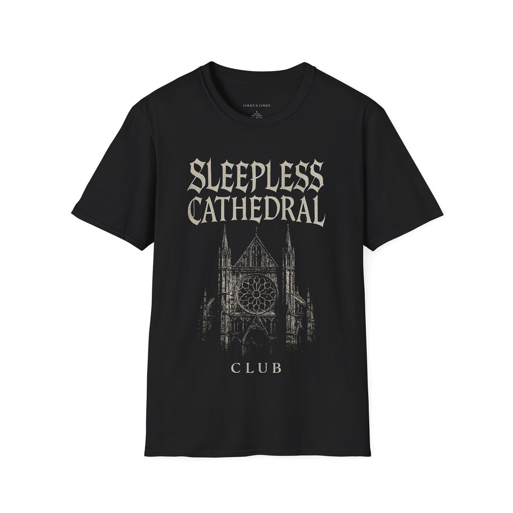Black t-shirt with 'Sleepless Cathedral Club' design on a white background
