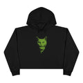 Women's Cat Venom cropped hoodie – black cropped hoodie featuring neon green cat head graphic on chest, gothic streetwear style