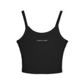 Coven x Coven spaghetti strap tank top – black crop top with minimal 'Coven x Coven' logo and gothic streetwear style