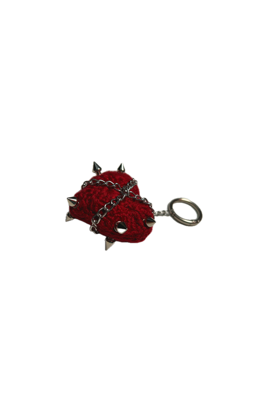 Red devil horn keychain with spikes on a white background