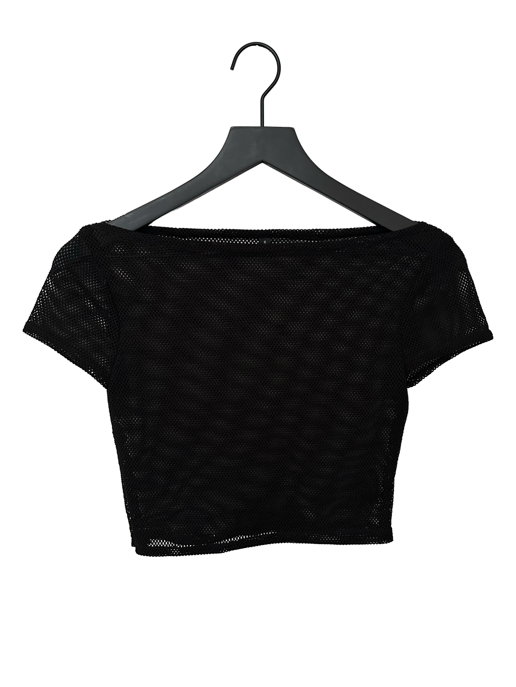 A black short-sleeve mesh crop top hanging on a black hanger against a plain white background.