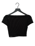 A black short-sleeve mesh crop top hanging on a black hanger against a plain white background.