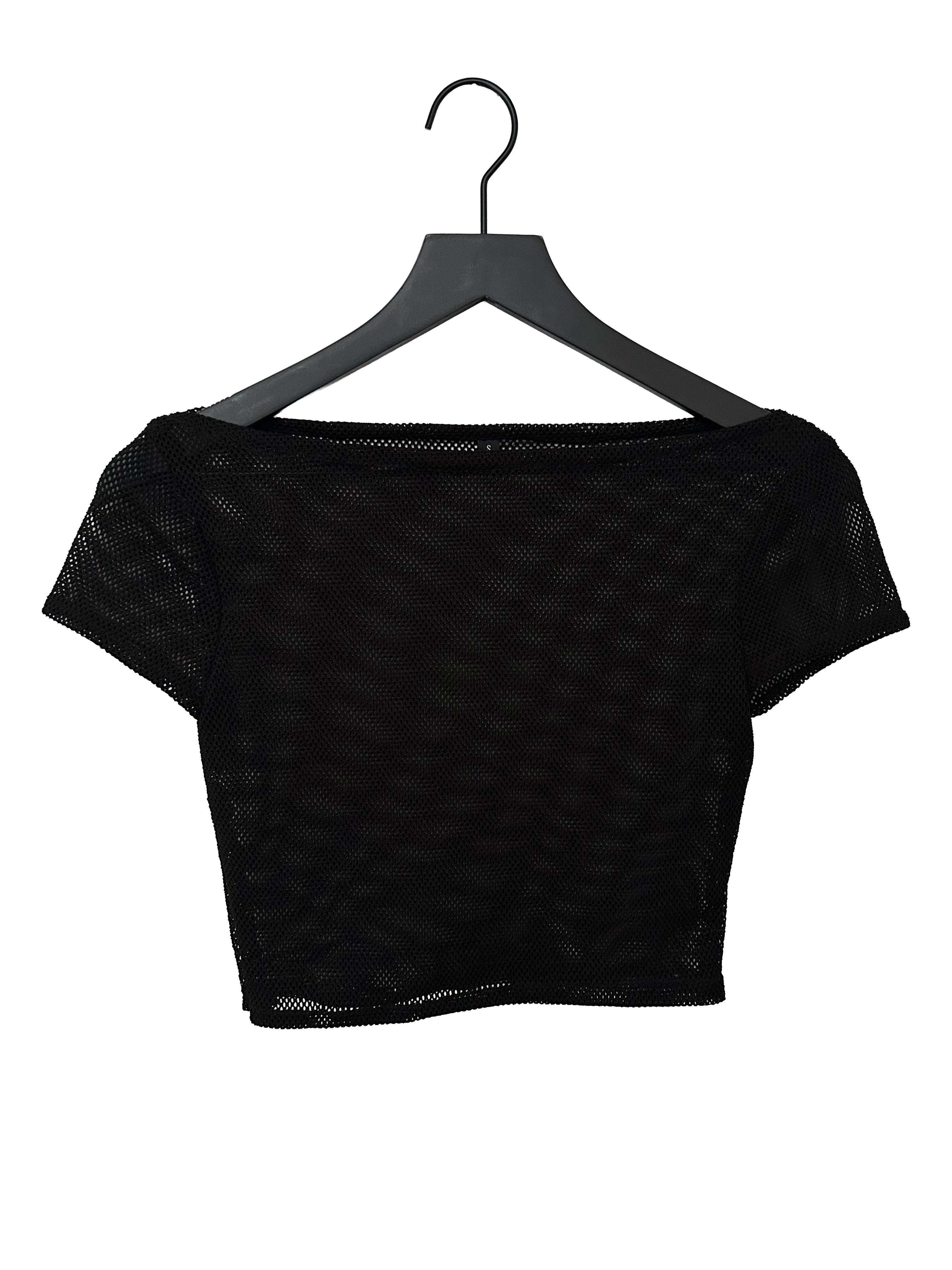 A black short-sleeve mesh crop top hanging on a black hanger against a plain white background.