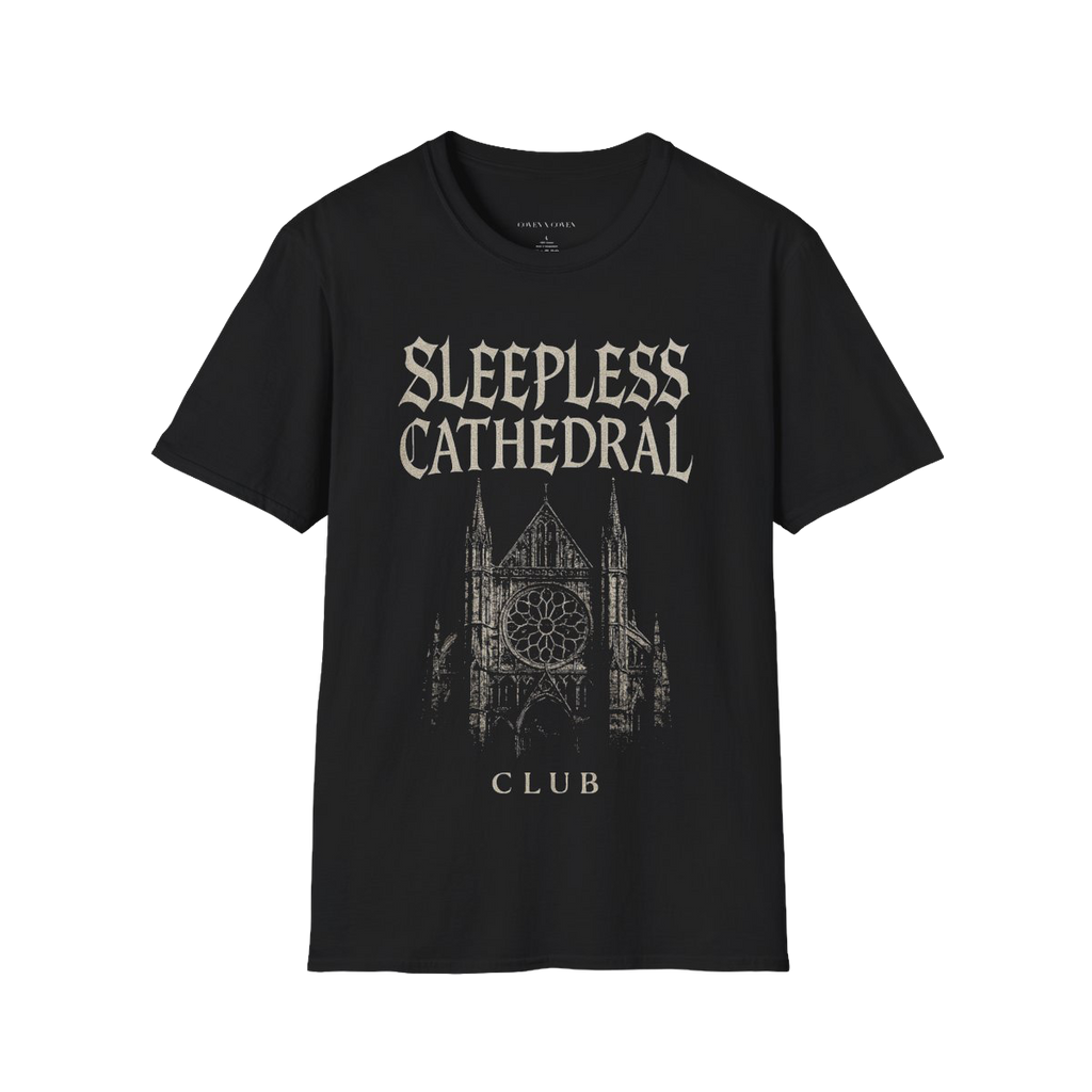 Black t-shirt with 'Sleepless Cathedral Club' design on a white background