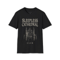 Black t-shirt with 'Sleepless Cathedral Club' design on a white background