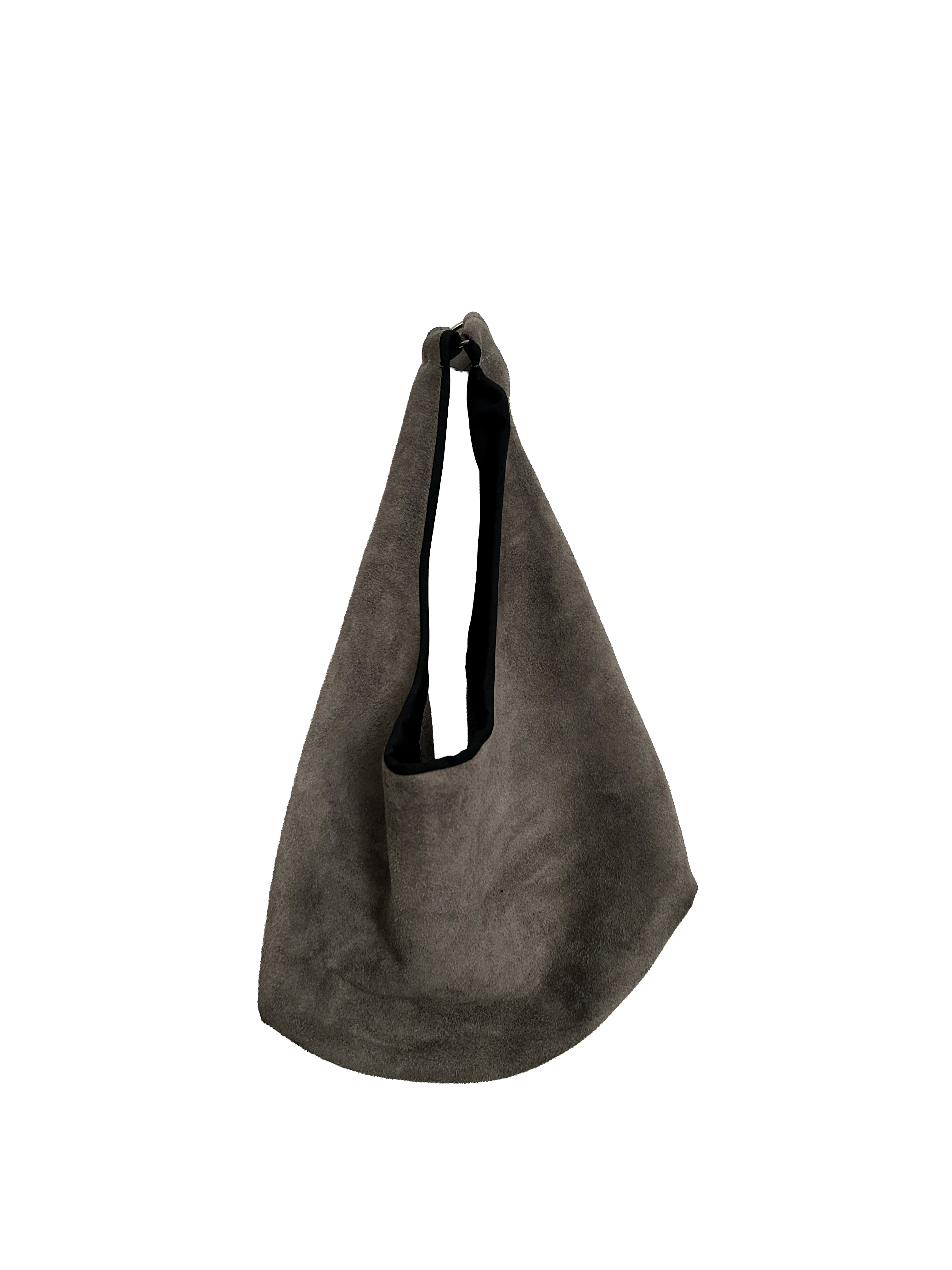 Gray suede handbag on a white background