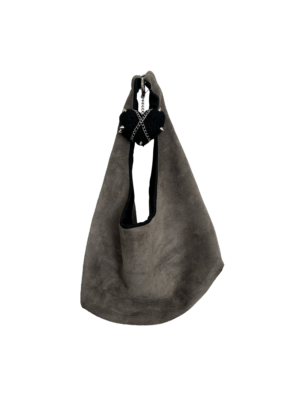 Soft Stone Hobo Bag in grey suede with a relaxed hobo silhouette, styled with Coven x Coven Cuties charms.