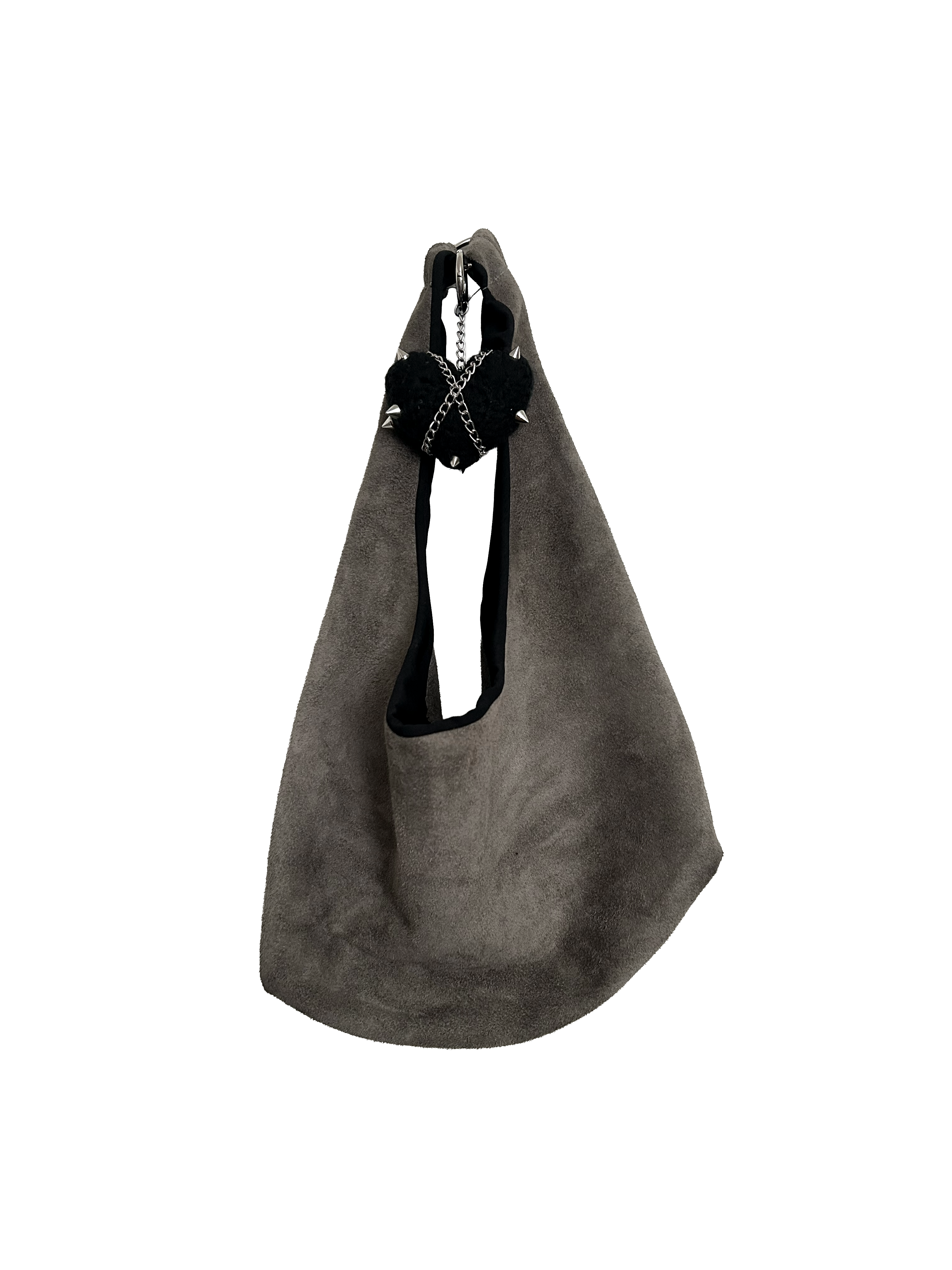Soft Stone Hobo Bag in grey suede with a relaxed hobo silhouette, styled with Coven x Coven Cuties charms.
